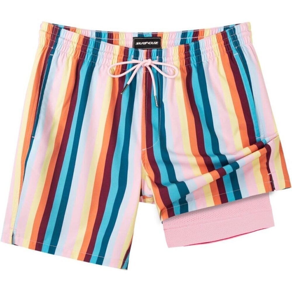 🆕Brand New - Men's Pink Swim Trunks Shorts Beige Vintage Stripes